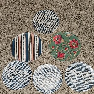 Set of Six Decorative Plates with Floral and Striped Patterns Boho